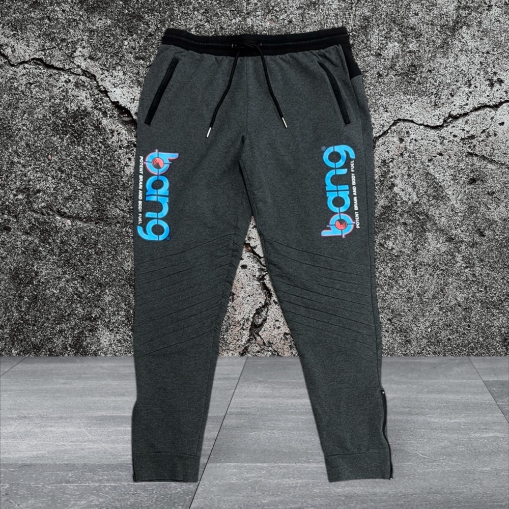 Bang Energy Drink Gray Blue Red Drawstring Ribbed Sweatpants Joggers Size Large